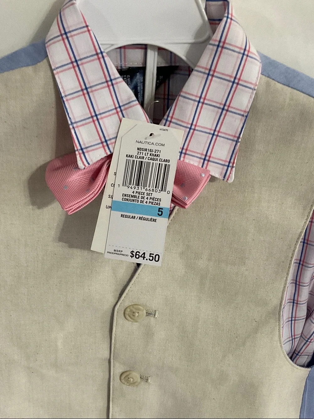 Nautica Beige Vest with Pink Plaid Shirt and Pink Bow Tie